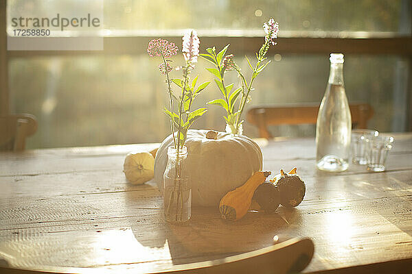 Einfache Wildblumensträuße  Kürbisse und Kürbisse auf sonnigem Herbsttisch