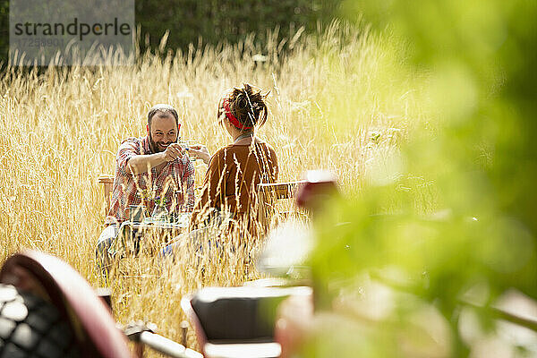 Paar Toasting Wassergläser in sonnigen hohen Gras hinter Traktor