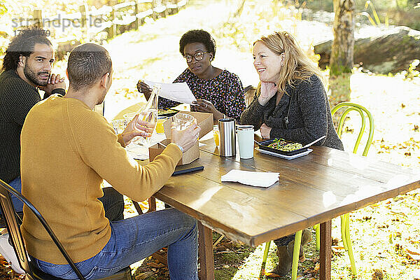 Geschäftsleute treffen und essen Mittagessen am Tisch im Park