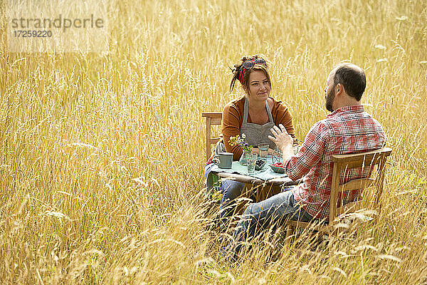 Paar im Gespräch und Essen Beeren am Tisch in sonnigen hohen Gras
