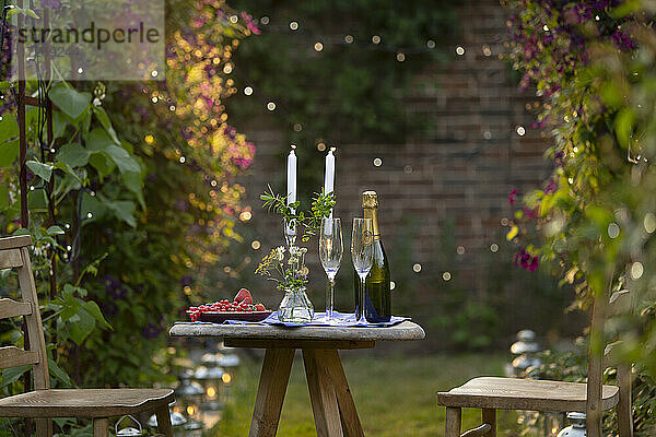 Champagner und rote Johannisbeeren auf dem Tisch mit Kerzen im idyllischen Garten