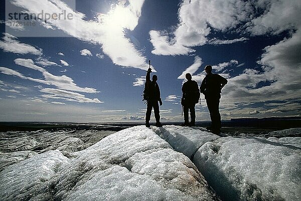 Drei Personen  Gletschertour  Gletscherwanderung  Gletschereis  Gletscher  kalbender Gletscher  Gletscherlagune  Gletschersee  Gletscherlagune Fjallsarlón  Vatnajökull Gletscher  Südküste  Island  Europa