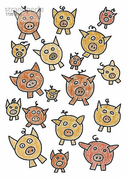 Naive Illustration  Kinderzeichnung  Sylvestersymbole  Glücksschwein  Ferkel
