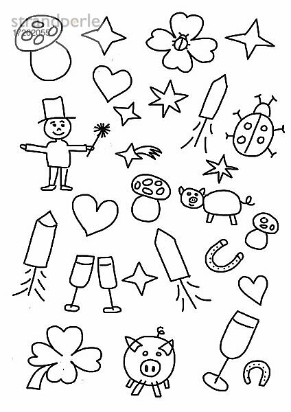 Naive Illustration  Kinderzeichnung  Sylvestersymbole