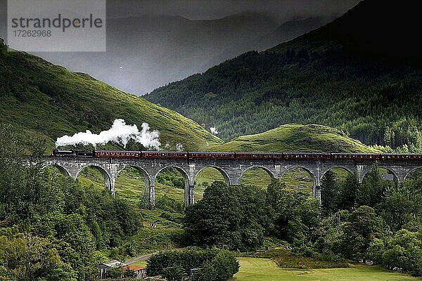 Glenfinnan Viaduct  Eisenbahnviadukt  Eisenbahnbrücke  West Highland Line  Jacobite Express  Dampflokomotive  Eisenbahn  Zug  Harry Potter Hogwarts Express  Highlands  Hochland  Schottland  Großbritannien  Europa