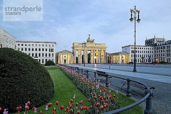 Beleuchtetes Brandenburger Tor mit dem Pariser Platz am frühen Morgen  Berlin  Deutschland  Europa