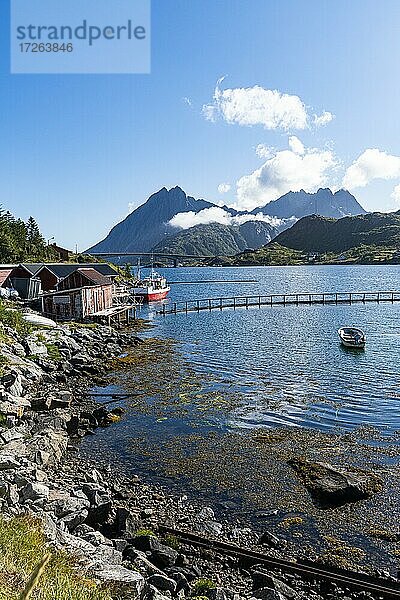 Kleine Fischerdörfer entlang eines Fjords  Lofoten  Norwegen  Europa