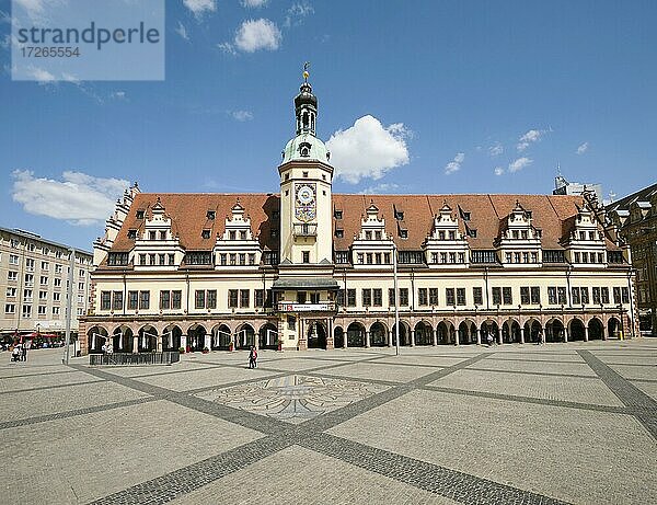 Altes Rathaus  Marktplatz mit Stadtwappen im Kopfsteinpflaster  Leipzig  Sachsen  Deutschland  Europa