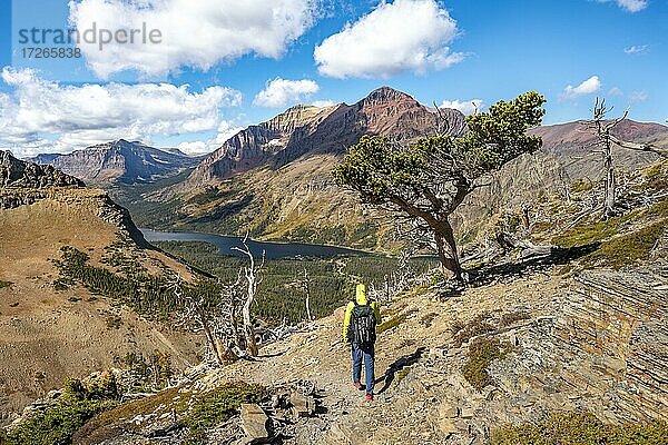 Wanderer auf dem Wanderweg zum Scenic Point  Ausblick auf den Two Medicine Lake mit Berggipfel Rising Wolf Mountain  Glacier National Park  Montana  USA  Nordamerika