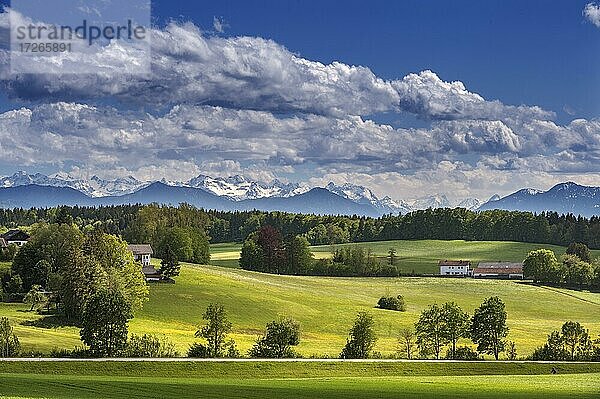 Frühlingshafte Voralpenlandschaft mit Haufenwolken (Cumulus)  bei Deining  Oberbayern  Bayern  Deutschland  Europa