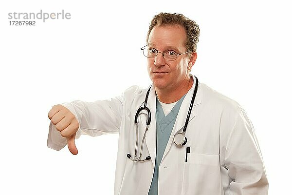 Arzt gibt den Daumen nach unten Zeichen mit seiner Hand vor einem weißen Hintergrund
