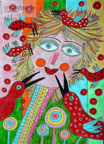 Naive Illustration  junge Frau mit roten Vögeln