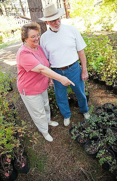 Attraktives Seniorenpaar mit Blick auf Topfpflanzen in der Gärtnerei