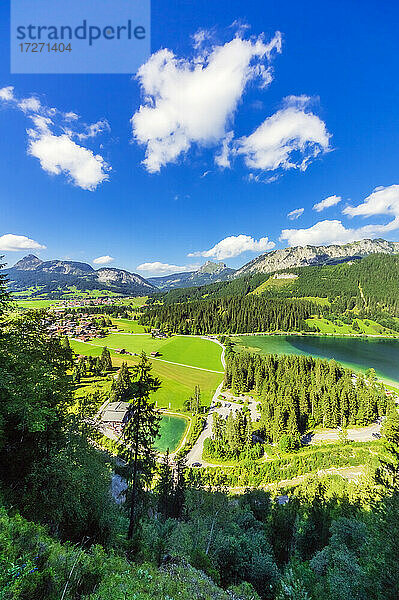 Blick auf das grüne  bewaldete Ufer des Haldensees im Sommer mit einem Dorf im Hintergrund