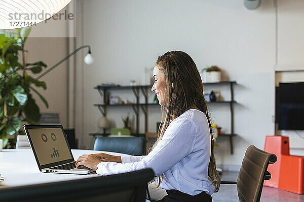 Lächelnde Geschäftsfrau  die bei der Arbeit am Schreibtisch im Büro einen Laptop benutzt