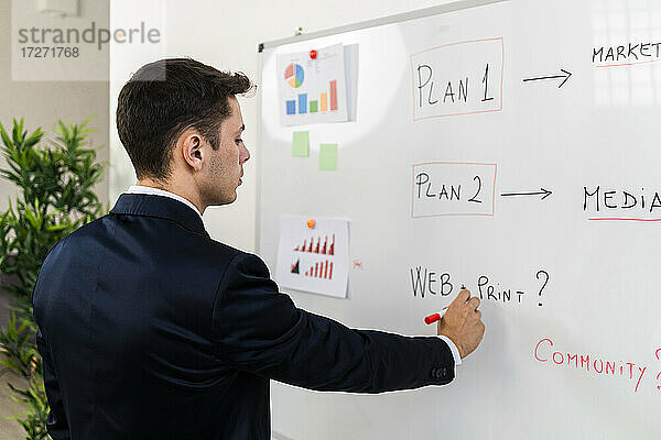 Junger männlicher Unternehmer  der einen Geschäftsplan erstellt  während er am Arbeitsplatz auf ein Whiteboard schreibt