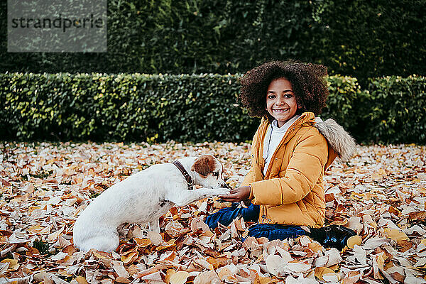 Lächelndes Mädchen  das mit einem Welpen spielt  während es im Park sitzt
