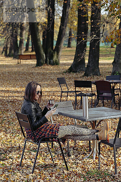 Mittlere erwachsene Frau  die ein Smartphone benutzt  während sie im Park sitzt