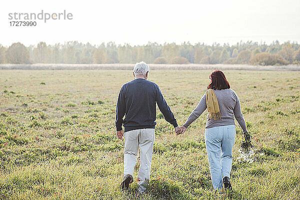Älteres Paar hält sich an den Händen  während es am Wochenende über das Feld läuft