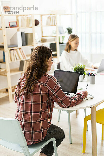 Junge Frau  die einen Laptop benutzt  mit einer Geschäftsfrau  die im Hintergrund im Büro sitzt