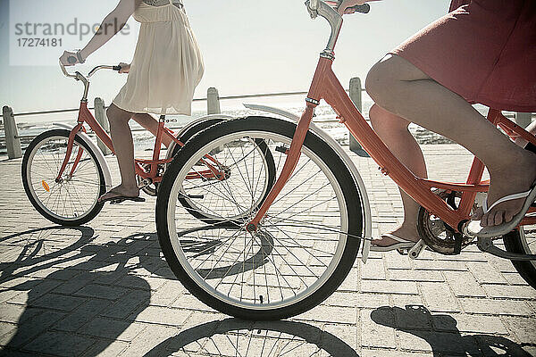 Freundinnen radeln mit dem Fahrrad auf der Promenade an einem sonnigen Tag