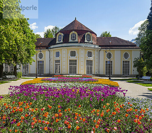 Deutschland  Bayern  Bad Reichenhall  Buntes Blumenbeet im Königlichen Kurpark mit Konzertsaalrotunde im Hintergrund