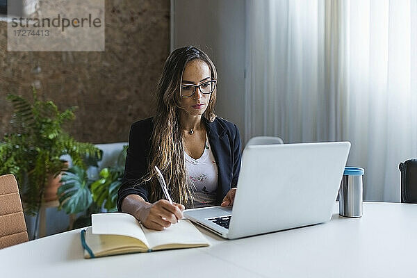 Kreative Geschäftsfrau  die im Büro einen Laptop benutzt und in ihr Tagebuch schreibt