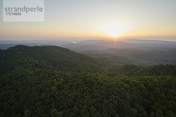 Luftaufnahme des Appalachenwaldes bei nebligem Sonnenaufgang