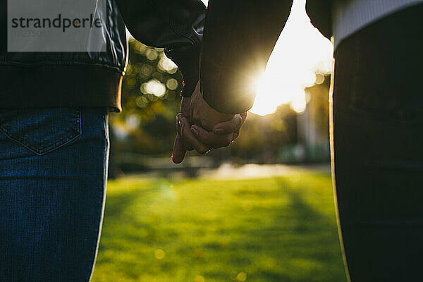 Junges Paar  das sich bei Sonnenuntergang im Freien die Hände hält