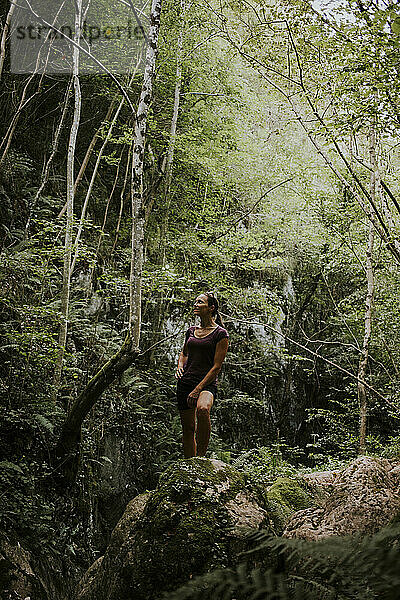 Frau umgeben von grünen Bäumen erforscht Wald