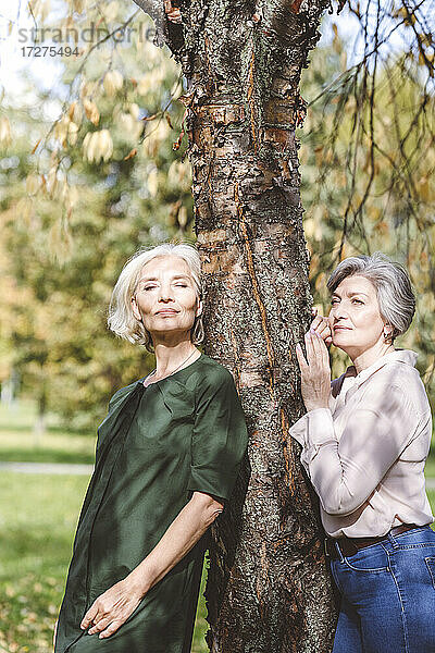 Reife Frauen lehnen sich an einen Baum und umarmen ihn  während sie im Park stehen