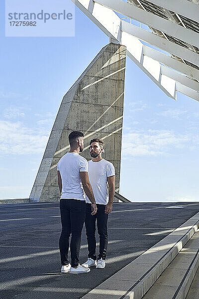 Homosexuelles Paar  das sich im Parc del Forum  Barcelona  Spanien  gegenseitig ansieht
