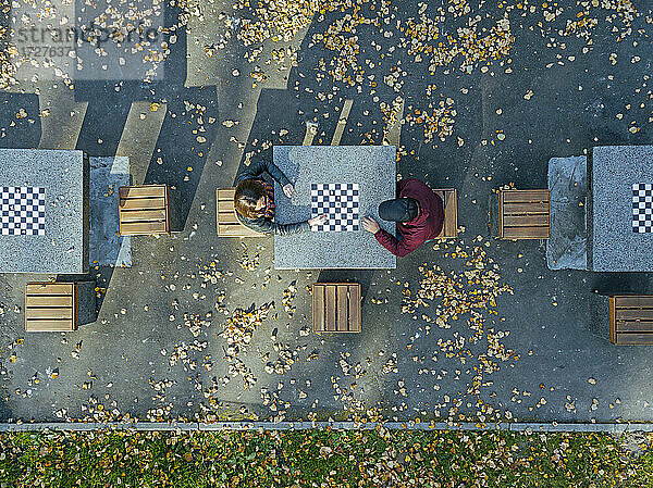 Freund spielt Schach mit Freundin am Tisch im Park im Herbst