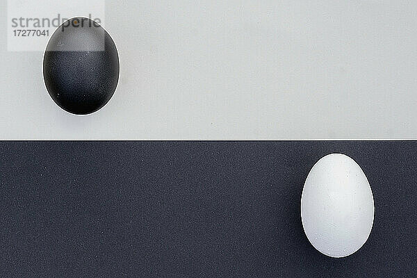 Studioaufnahme von schwarzen und weißen Eiern auf kontrastierenden Hintergründen