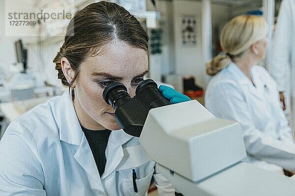 Assistentin  die einen Objektträger mit menschlichem Gehirn unter dem Mikroskop analysiert  während sie mit einem Wissenschaftler im Hintergrund im Labor sitzt