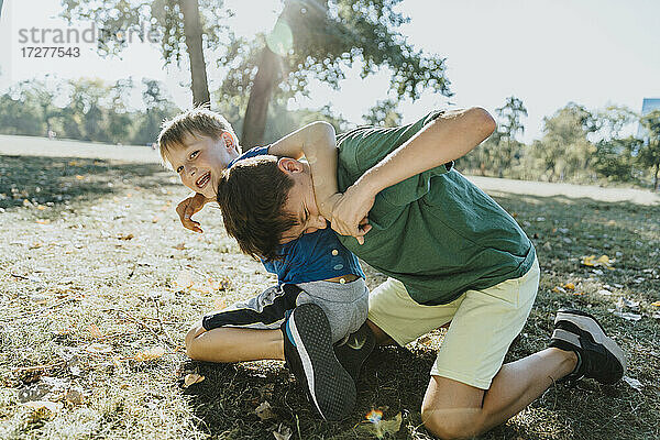 Lächelnde Brüder  die sich in einem öffentlichen Park an einem sonnigen Tag umarmen