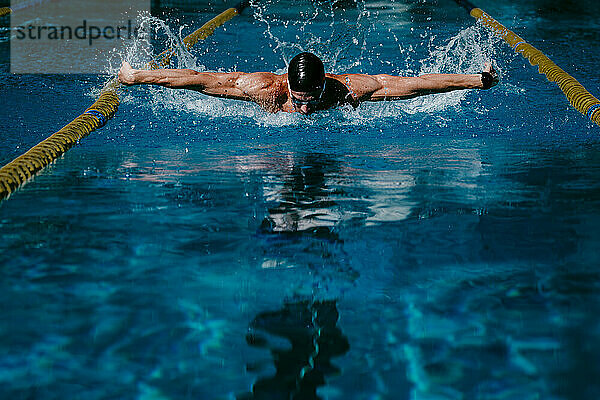 Professioneller männlicher Schwimmer übt Schmetterlingsschlag im Schwimmbad
