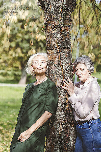 Freunde lehnen sich an einen Baum und umarmen ihn  während sie im Park stehen