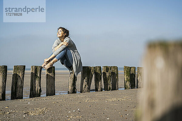 Lächelnde junge Frau sitzt auf Holzpfosten am Strand gegen den Himmel