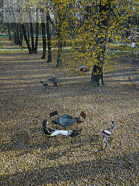 Drohnenansicht einer Frau auf einem Stuhl sitzend  die sich im Herbst in einem Park entspannt