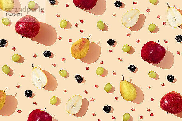 Muster aus frischen Äpfeln  Birnen  Weintrauben  Brombeeren und Granatapfelkernen