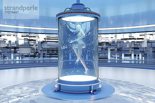 Dreidimensionales Rendering einer nackten Frau  die im Lagertank einer Anlage zum Klonen von Menschen schwimmt