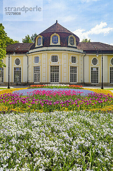 Deutschland  Bayern  Bad Reichenhall  Buntes Blumenbeet im Königlichen Kurpark mit Konzertsaalrotunde im Hintergrund