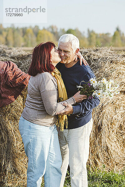 Glückliches älteres Paar  das sich küsst  während es gegen Heuballen auf einem Feld steht