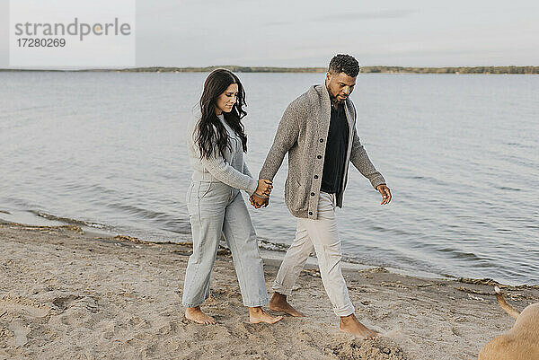 Mann und Frau halten sich an den Händen  während sie mit ihrem Hund am See spazieren gehen