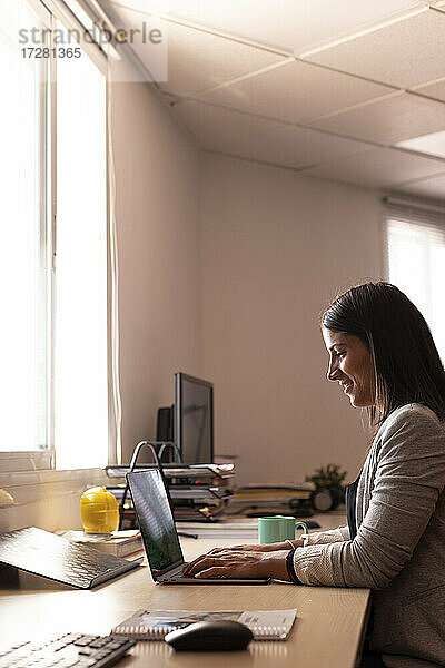 Lächelnde Unternehmerin mit Laptop am Schreibtisch im Büro
