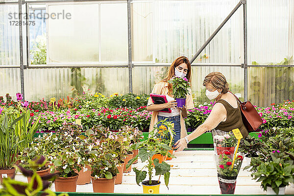 Ein Kunde mit Gesichtsmaske berührt eine Pflanze  während er bei einer Geschäftsfrau im Gartencenter steht