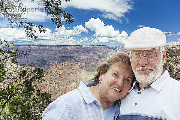 Glückliches  sich umarmendes Seniorenpaar posiert am Rande des Grand Canyon