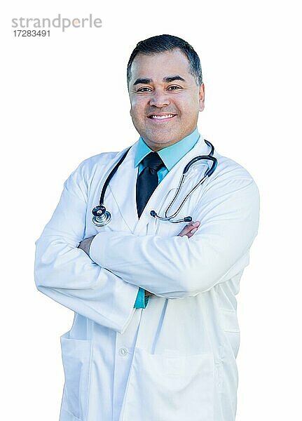 Attraktive hispanischen männlichen Arzt oder Krankenschwester vor einem weißen Hintergrund