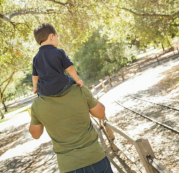 Glücklicher Mischlingssohn genießt eine Huckepackfahrt im Park mit Papa